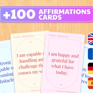 Tarjetas de afirmación positivas imprimibles, ley de atracción para la mujer, kit de manifestación en inglés, español, français, producto digital Deutch