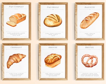 Kitchen decor printable poster bread french bakery wall art gallery set of 6 recipes instant download pdf, gastronomic birthday gift A3 A4