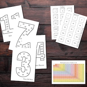 May include: Black and white printable worksheets for kids featuring number sequences, multiplication tables, and counting activities. The worksheets include the titles "Ride", "This Old Man", "When The Saints Go Marching", "Brown Races", "Cubes", and "Squares".