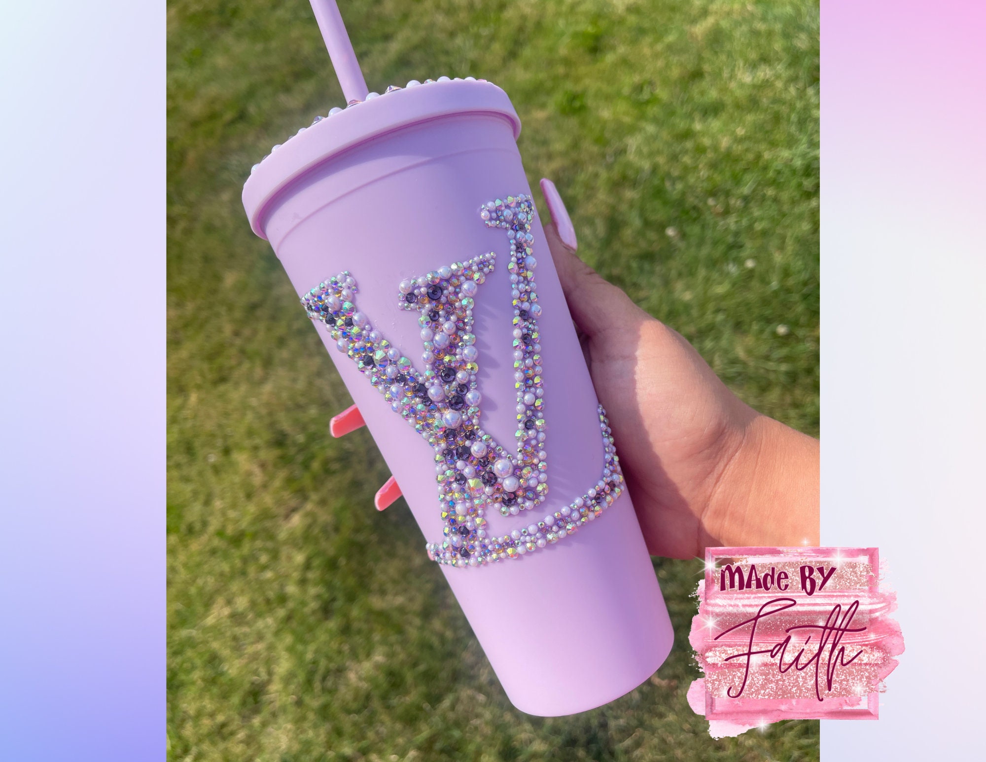 22 oz bedazzled tumbler, double walled tumbler, Rhinestone cups, Blinged  tumblers, Purple, Pearls, Aesthetic, Design Luxury Tumblers, Matte