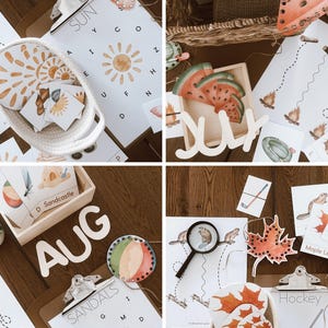 May include: A collection of educational summer-themed materials, including flashcards, wooden cutouts spelling "JULY" and "AUG", and activity sheets. The image features a variety of illustrations, such as a sun, watermelon slices, and camping gear.