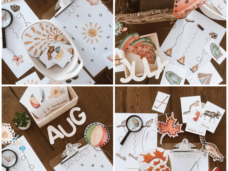 May include: A collection of educational summer-themed materials, including flashcards, wooden cutouts spelling "JULY" and "AUG", and activity sheets. The image features a variety of illustrations, such as a sun, watermelon slices, and camping gear.
