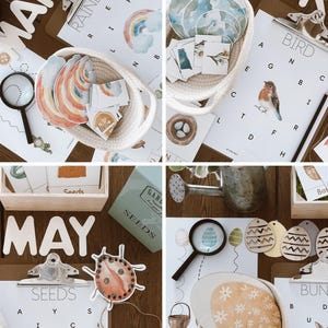 May include: A collection of educational materials for children, including flashcards, worksheets, and wooden letters spelling "MAY". The materials feature watercolor illustrations of rainbows, birds, eggs, and seeds, with a magnifying glass and a ladybug.