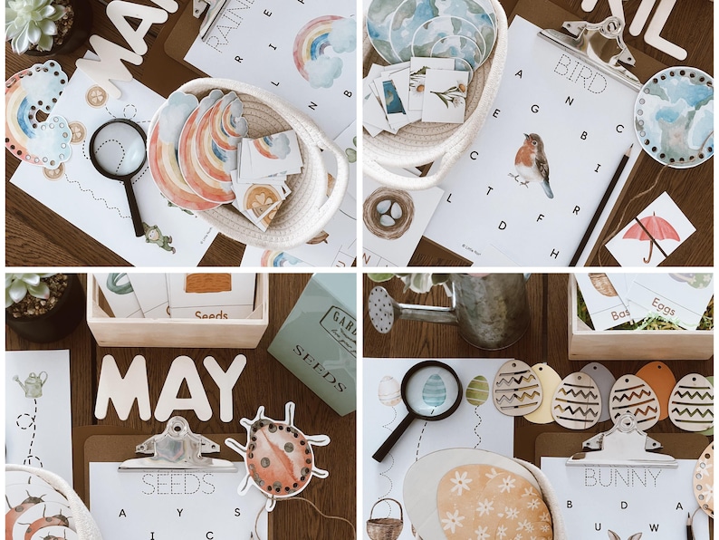 May include: A collection of educational materials for children, including flashcards, worksheets, and wooden letters spelling "MAY". The materials feature watercolor illustrations of rainbows, birds, eggs, and seeds, with a magnifying glass and a ladybug.