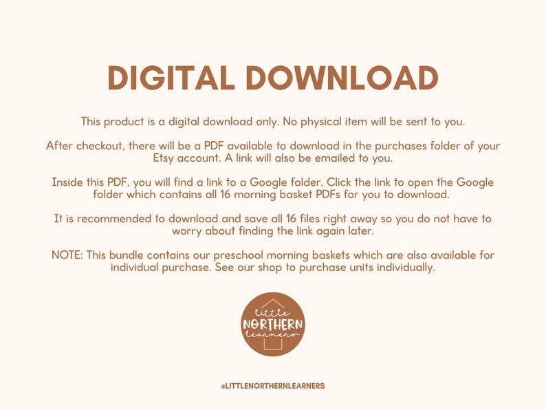 May include: Digital download product information on a cream background. Text in brown font reads "DIGITAL DOWNLOAD" and details about the digital product, including a link to a Google folder with 16 morning basket PDFs. A logo is at the bottom.