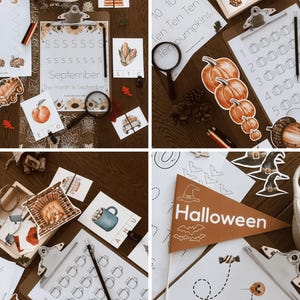 May include: A collection of educational printables for autumn and Halloween. Includes worksheets with pumpkins, acorns, and the word "Halloween" on a pennant. Also features a clipboard with the word "September".