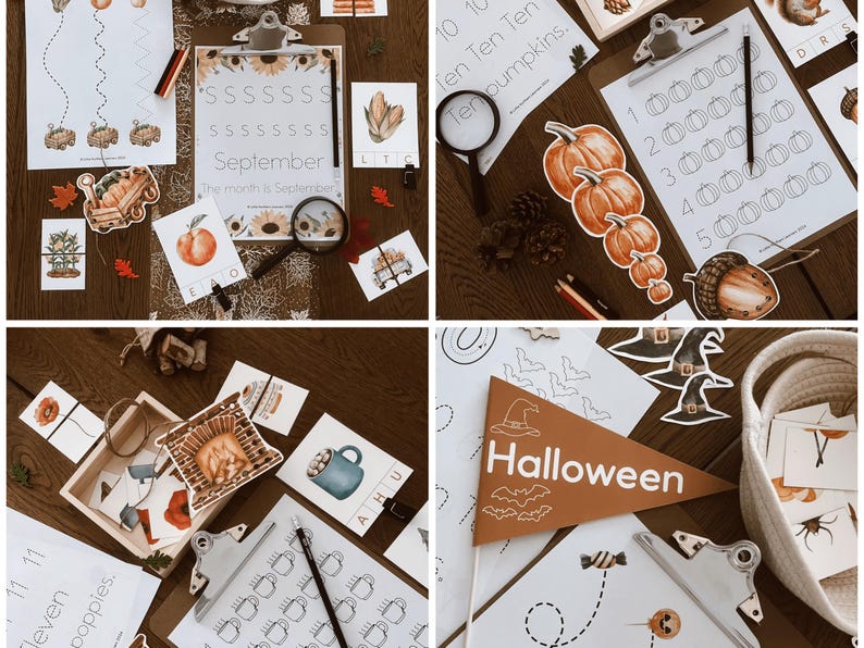 May include: A collection of educational printables for autumn and Halloween. Includes worksheets with pumpkins, acorns, and the word "Halloween" on a pennant. Also features a clipboard with the word "September".