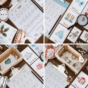 May include: A collection of educational materials for children, including tracing worksheets for the months of December and January, flashcards with winter-themed illustrations, and wooden toys. The image includes a magnifying glass and a wooden box.