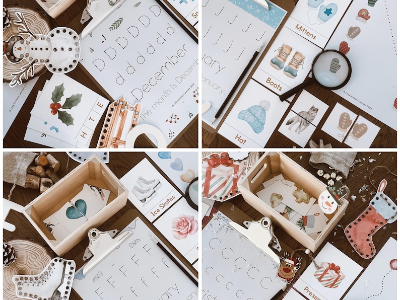 May include: A collection of educational materials for children, including tracing worksheets for the months of December and January, flashcards with winter-themed illustrations, and wooden toys. The image includes a magnifying glass and a wooden box.