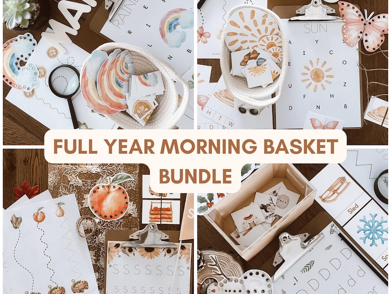 May include: A collection of educational materials for children, including activity sheets, flashcards, and wooden trays. The materials feature watercolor illustrations of rainbows, suns, and seasonal themes. The text "FULL YEAR MORNING BASKET BUNDLE" is displayed.