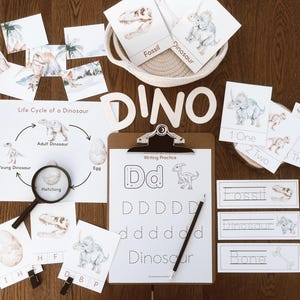Puede incluir: Materiales educativos con temática de dinosaurios. Incluye tarjetas didácticas, un diagrama del ciclo de vida, hojas de práctica de escritura y letras de madera que deletrean "DINO". Las ilustraciones presentan dinosaurios, fósiles y vocabulario relacionado.