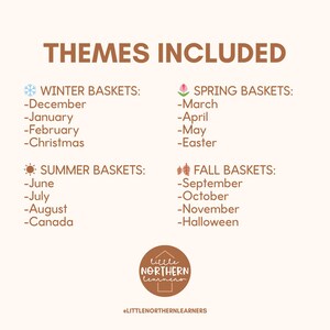 May include: A beige graphic lists themes for baskets, including Winter, Spring, Summer, and Fall. Winter includes December, January, February, and Christmas. Spring includes March, April, May, and Easter. Summer includes June, July, August, and Canada. Fall includes September, October, November, and Halloween.