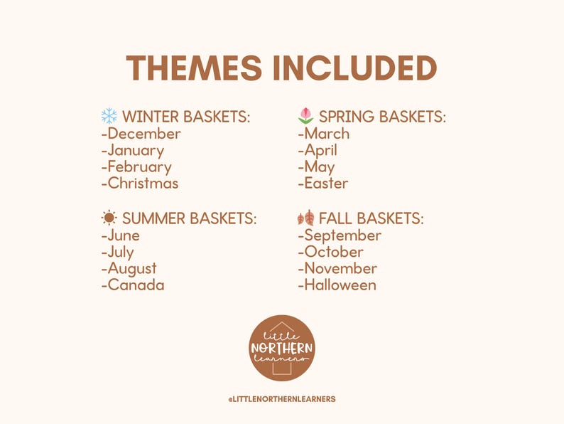 May include: A beige graphic lists themes for baskets, including Winter, Spring, Summer, and Fall. Winter includes December, January, February, and Christmas. Spring includes March, April, May, and Easter. Summer includes June, July, August, and Canada. Fall includes September, October, November, and Halloween.