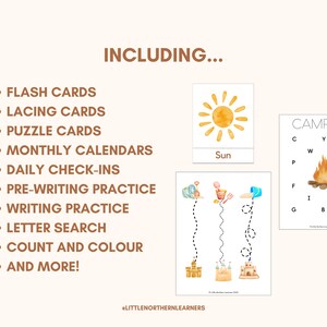 May include: Educational printables for kids, including flash cards, lacing cards, and puzzle cards. The image features a watercolor sun, tracing activities, and a campfire-themed word search. The text includes "Including..." and "And More!"