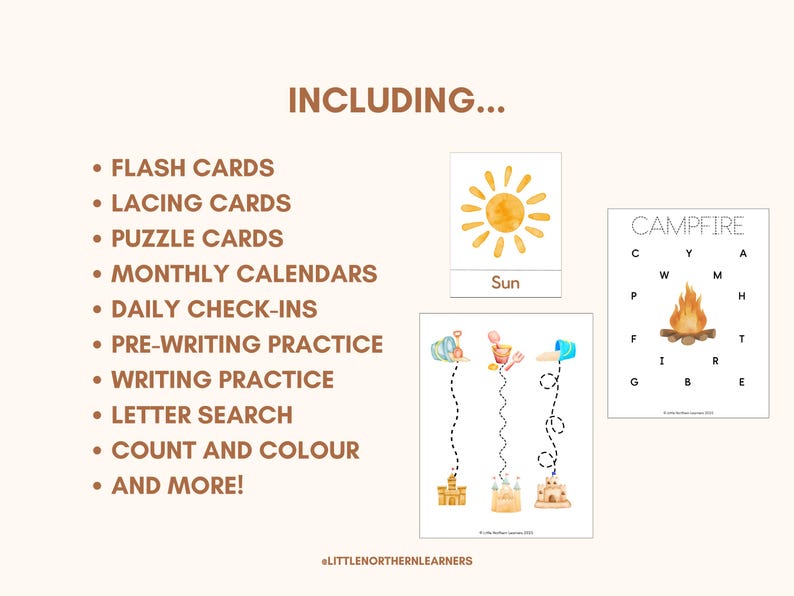 May include: Educational printables for kids, including flash cards, lacing cards, and puzzle cards. The image features a watercolor sun, tracing activities, and a campfire-themed word search. The text includes "Including..." and "And More!"
