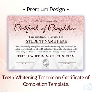 Teeth Whitening Technician Certificate, Tooth Whitening Certificate, DIY Certificate Of Completion, Certificate Template, INSTANT DOWNLAOD