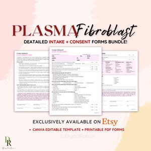 Op de afbeelding: Een roze en witte digitale downloadbundel met printbare formulieren voor plasma fibroblast behandelingen. De formulieren omvatten een intakeformulier voor klanten en een toestemmingsformulier voor klanten. De tekst "PLASMA Fibroblast" staat in een groot, vet lettertype bovenaan de afbeelding. De tekst "DEATAILED INTAKE + CONSENT FORMS BUNDLE!" staat onder de titel. De tekst "EXCLUSIVELY AVAILABLE ON Etsy" staat onderaan de afbeelding. De tekst "CANVA EDITABLE TEMPLATE + PRINTABLE PDF FORMS" staat onder de Etsy-tekst. De tekst "© DigitalRobox" staat onderaan de afbeelding.