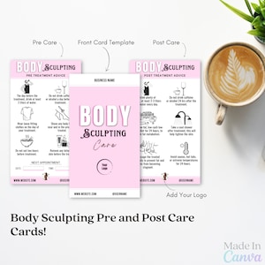 Plantilla de cuidado previo y posterior a la escultura corporal, instrucciones imprimibles para el cuidado de la escultura corporal, tarjeta editable para el cuidado posterior del contorno corporal (PINK)