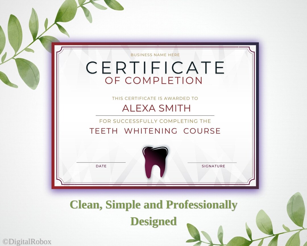 Teeth Whitening Certificate of Completion Template Tooth Etsy