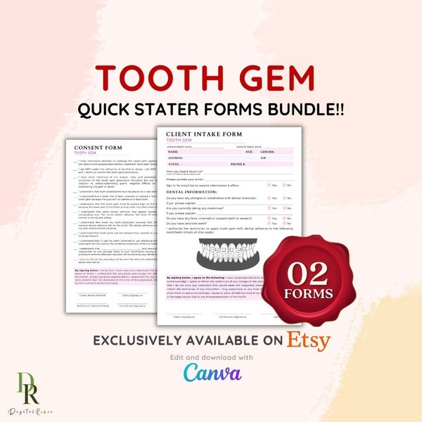 Tooth Gem Consent Form, Tooth Gem Intake Form, Tooth Gem Forms, Tooth Gem Consultation Forms, Editable Canva Tooth Jewel Forms