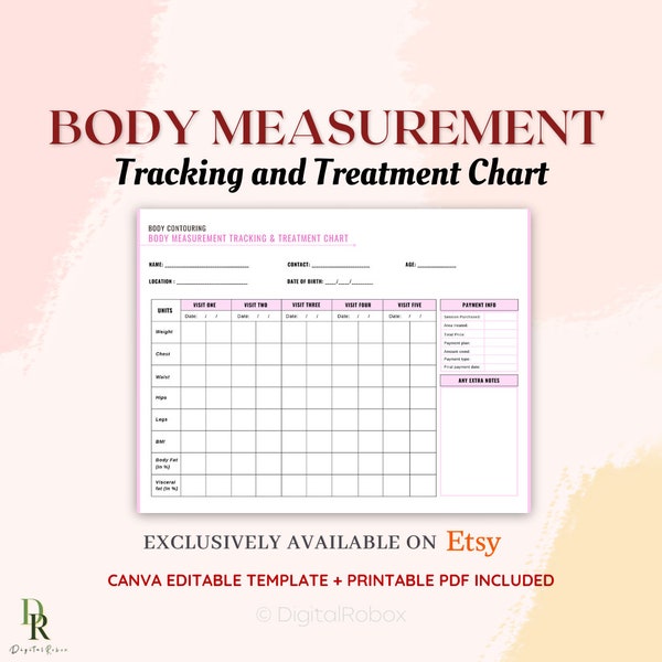 Body Measurement Template, Body Sculpting Tracking, Fat Cavitation Result Tracking, Client Body Measurement Chart, Editable + Printable PDF