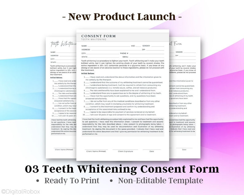 Tooth/teeth Whitening Consent Form Printable PDF Etsy UK