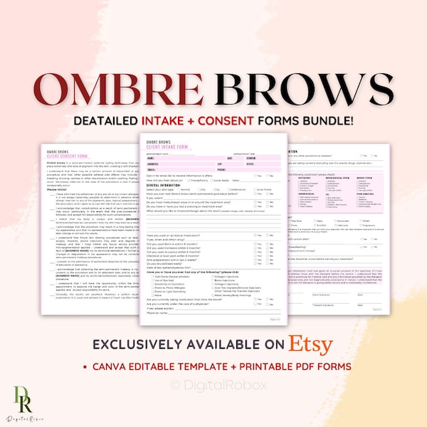 Ombre Brown Consent Form, Ombre Brown Forms, Ombre Brow Client Intake Form, Esthetician Business Forms, Editable + Printable PDF