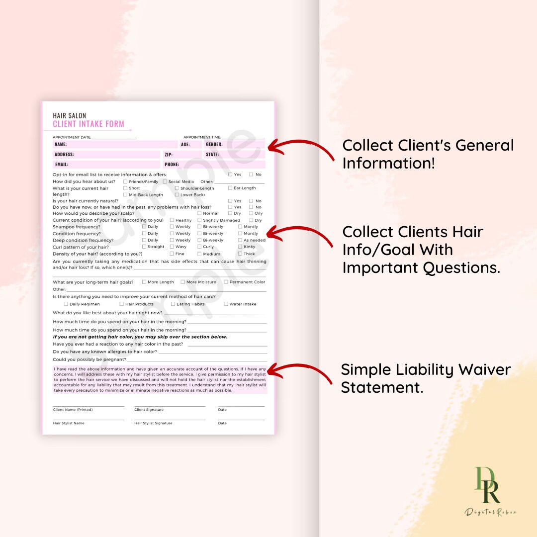 Hair Salon Intake Form, Hair Stylist New Client Forms, Hair Salon ...