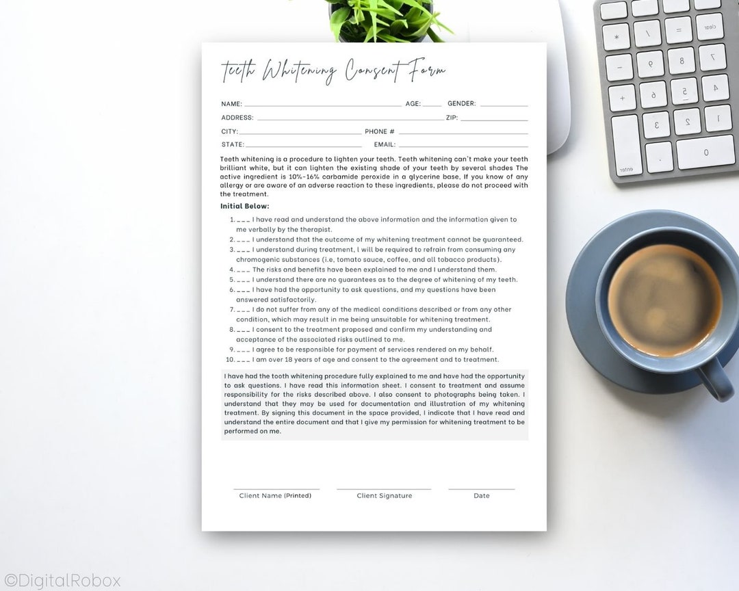Tooth/teeth Whitening Consent Form Printable PDF Etsy