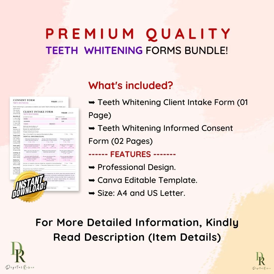 Tooth Whitening Consent Forms, Teeth Whitening Forms, Editable