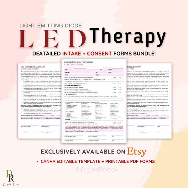 LED Light Therapy Consent Form, LED Light Therapy Form, Day Spa Cosnent Form, Editable + Printable PDF