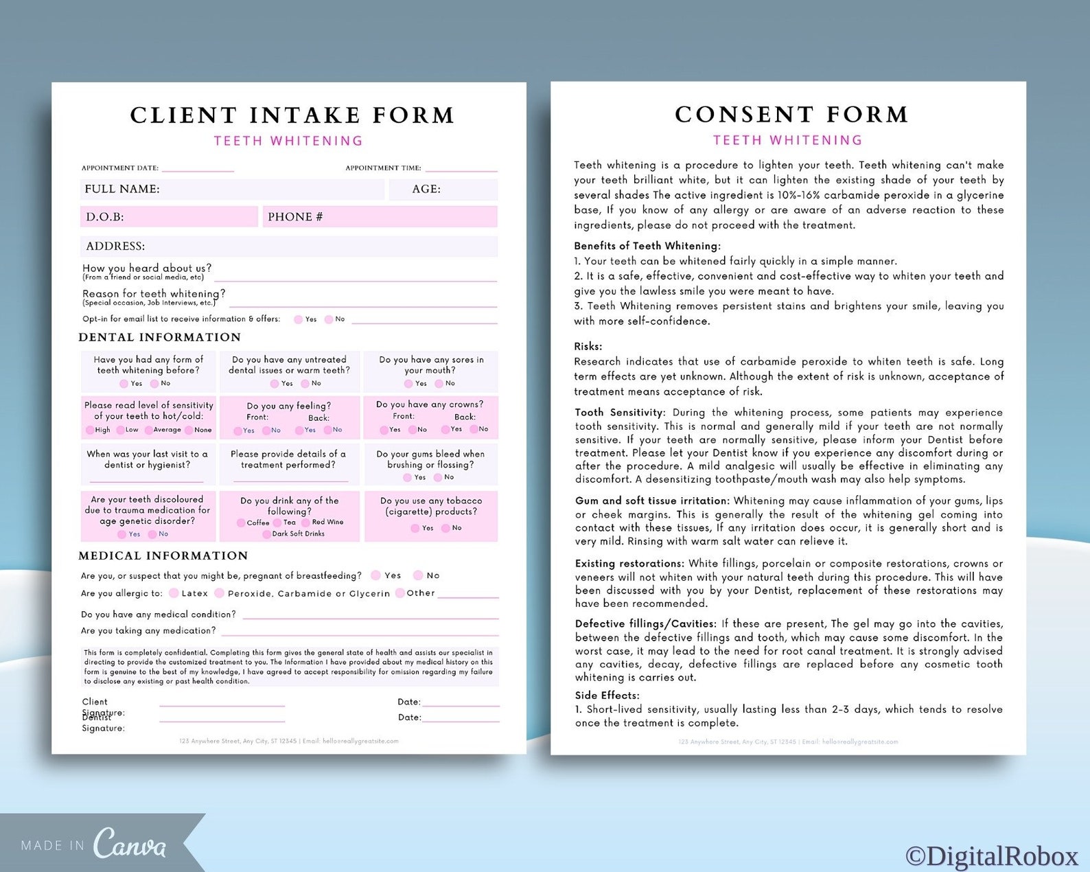 Teeth Whitening Client Intake Form Teeth Whitening Consent Etsy