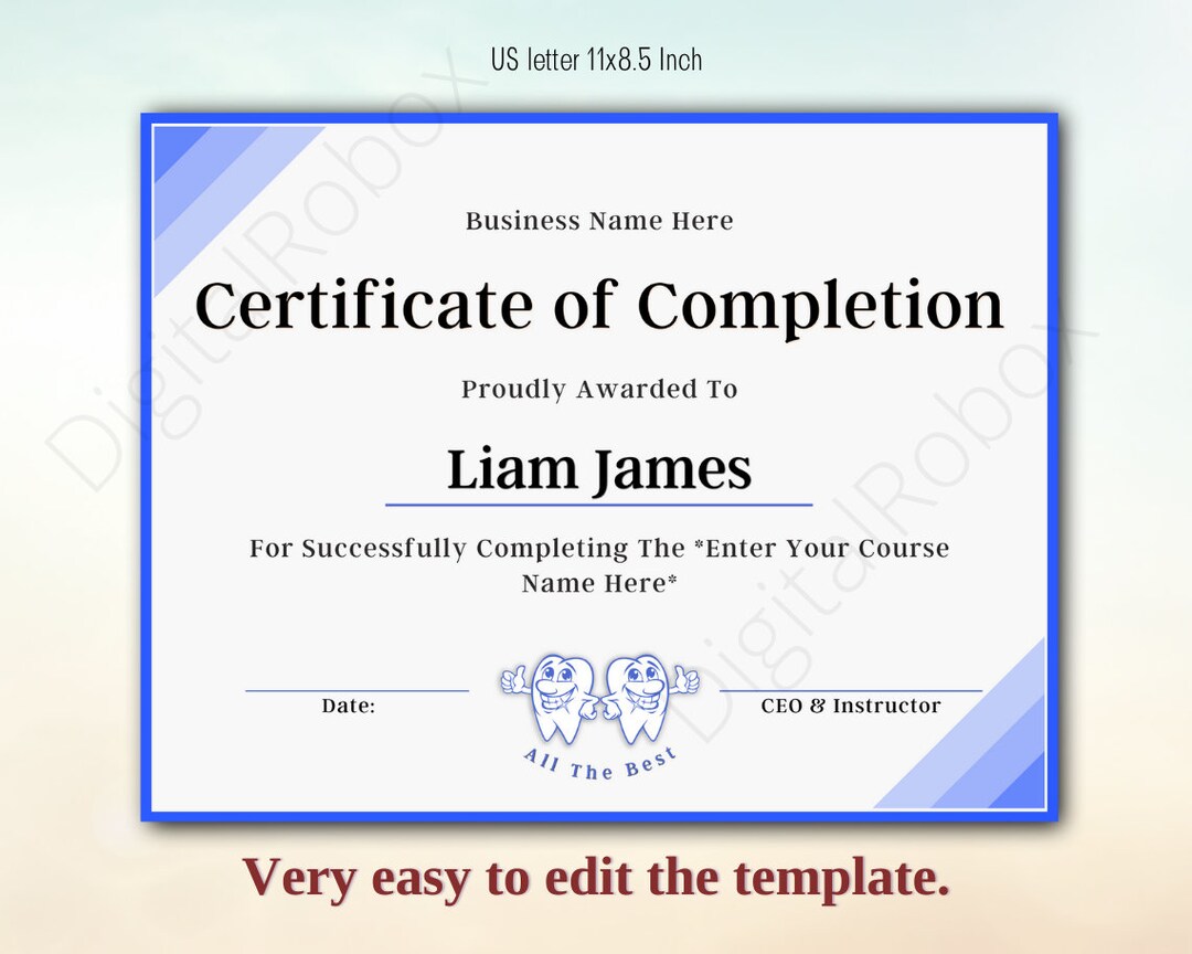 Editable Teeth Whitening Certificate of Completion Template Etsy