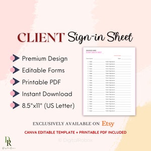 Client Sign in Sheet, Printable Sign in sheet,  Lash Extension Sign In Sheet, Salon Sign in Sheet, Editable + Printable PDF