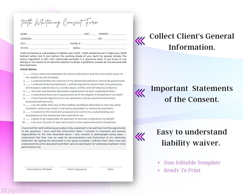 Tooth/teeth Whitening Consent Form Printable PDF Etsy UK