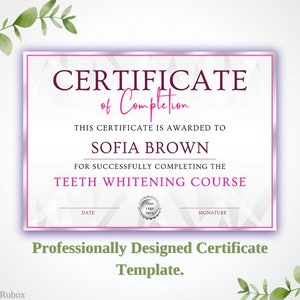Tooth Whitening Certificate, Tooth Gem Certificate, Teeth Whitening Certificate, Certificate of Completion, Instant Download
