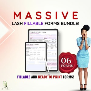 May include: A set of six printable lash fill-in forms for lash extensions. The forms are on a white background with black text and include sections for client intake, details, and mapping. The forms are labeled "MASSIVE LASH FILLABLE FORMS BUNDLE!" and "FILLABLE AND READY TO PRINT FORMS!"