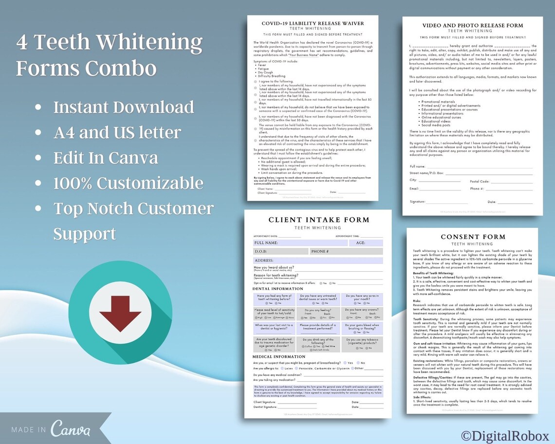 Teeth Whitening Consent Forms Template Printable Dentist Etsy