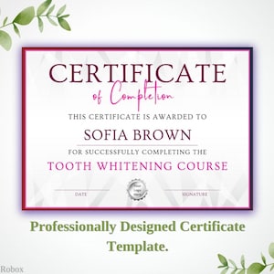 Tooth Whitening Certificate, Tooth Gem Certificate, Teeth Whitening Certificate, Certificate of Completion, Instant Download