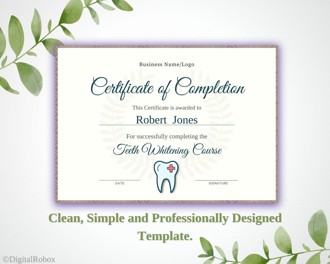Teeth Whitening Certificate Of Completion Template Tooth Etsy