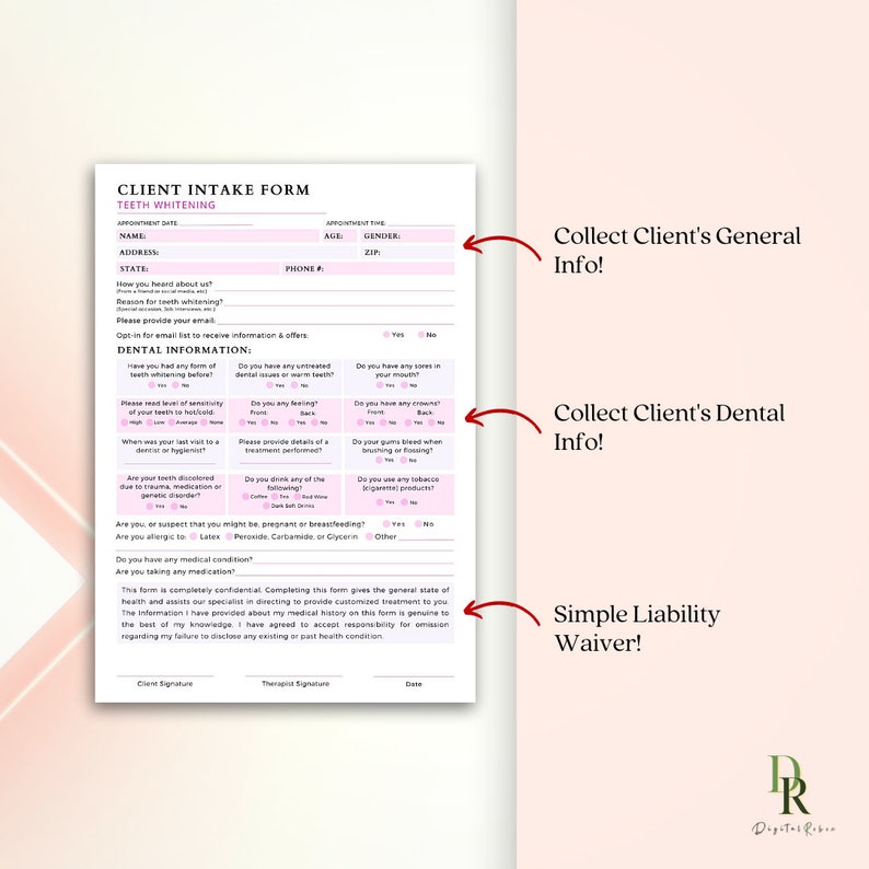 Teeth Whitening Intake Form, Tooth Whitening Consent Form, Fillable