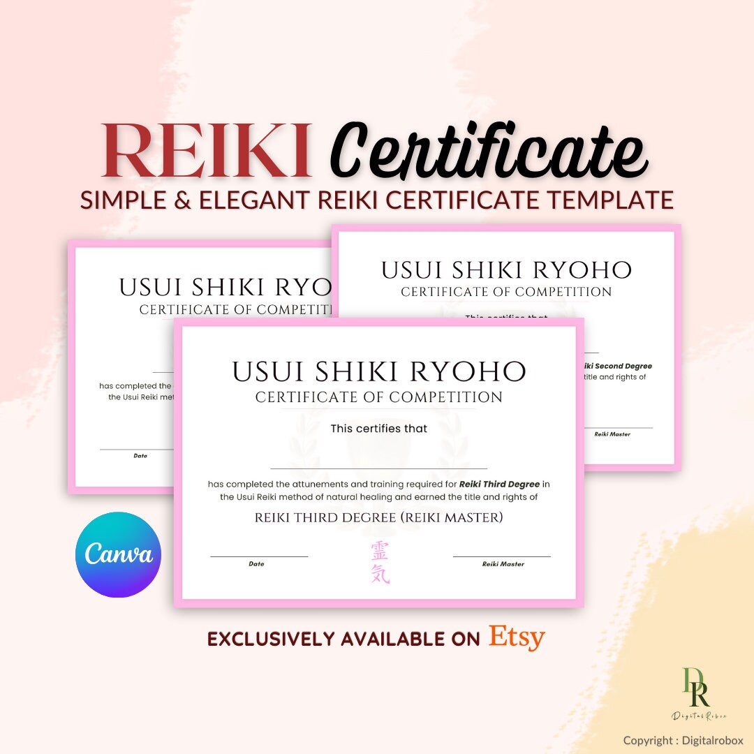 Reiki Certificate Template Levels I, II, and Master, Editable Canva ...