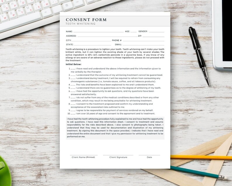 Tooth/teeth Whitening Consent Form Printable PDF Etsy