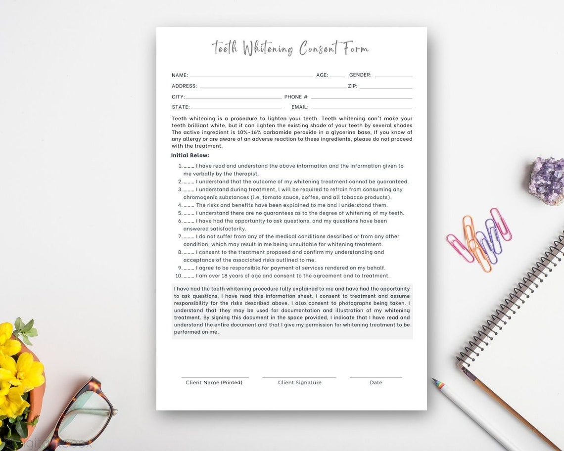 Tooth/teeth Whitening Consent Form Printable PDF Etsy UK