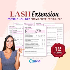 May include: A complete bundle of 12 editable and fillable forms for lash extensions. The forms include client consent, intake, aftercare instructions, and photo consent. The image features a woman pointing at the forms, with the text "LASH Extension" and "Edit and download with Canva".