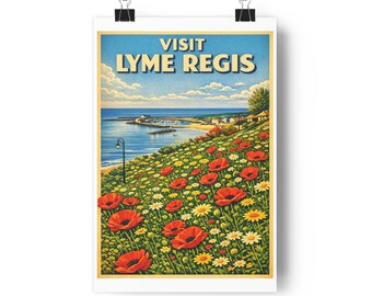 Visit Lyme Regis Poster | Vintage Travel Beach Print, Coastal Poppy Artwork