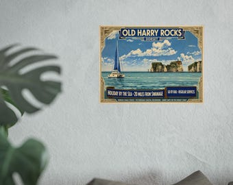 Old Harry Rocks Dorset poster | Vintage coastal travel art print