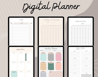 May include: A digital planner with various layouts displayed on tablets. The layouts include to-do lists, weekly schedules, and weekly planner pages. The text "Digital planner" is written in a script font at the top. A search bar is at the bottom.