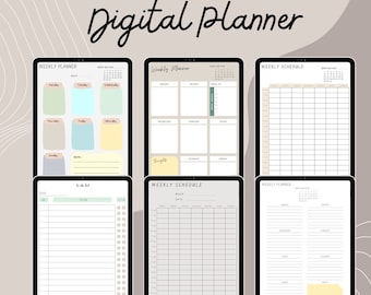 May include: A digital planner with six different layouts for weekly planning. The layouts include a weekly schedule, a to-do list, and a daily planner. The planner is designed in a minimalist style with a light gray background and black text.