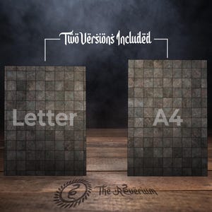 May include: Image features two rectangular panels with a stone tile design, labeled "Letter" and "A4". The text "Two Versions Included" is above the panels. The background is dark with a smoky effect, and the panels rest on a wooden surface.